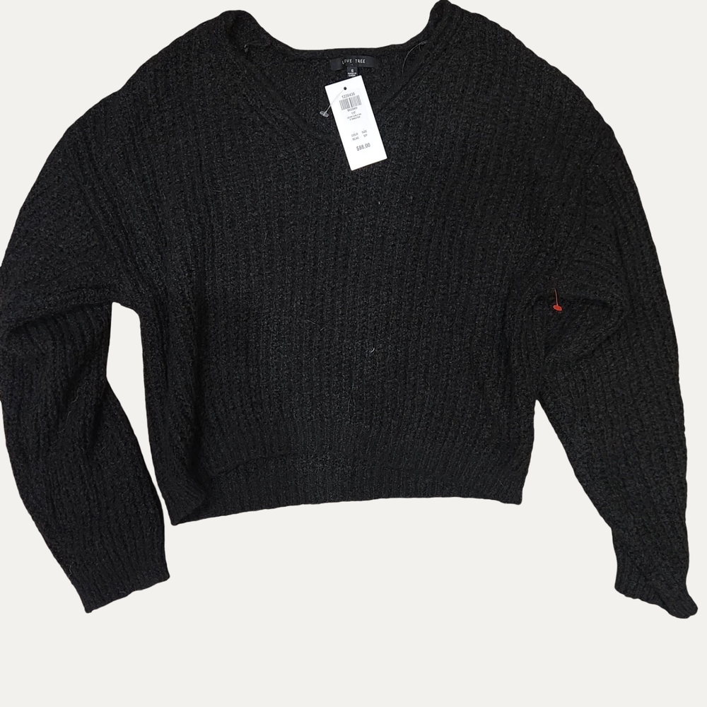 Love Tree Black Ribbed V-Neck Chunky Sweater NWT
